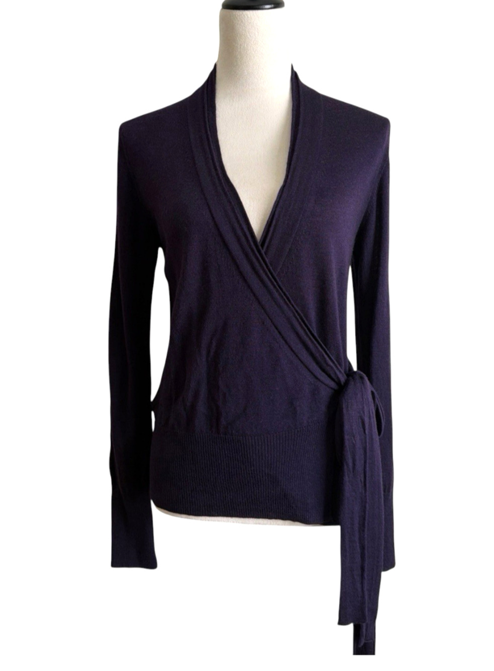 Escada Wool Blend Wrap Sweater Womens Small V-Neck Purple Classic Minimalist